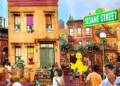 Colorful scene on Sesame Street with characters and families.
