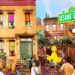 Colorful scene on Sesame Street with characters and families.