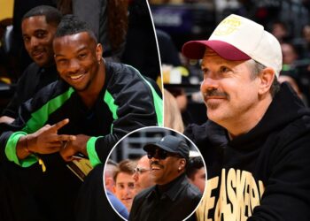 An image collage containing 3 images, Image 1 shows Bijan Robinson attends a game between the Denver Nuggets and the Los Angeles Lakers, Image 2 shows Jason Sudeikis in a cream baseball cap with a maroon brim and a black hoodie with a gold graphic, watching a basketball game, Image 3 shows Eddie Murphy attends a basketball game