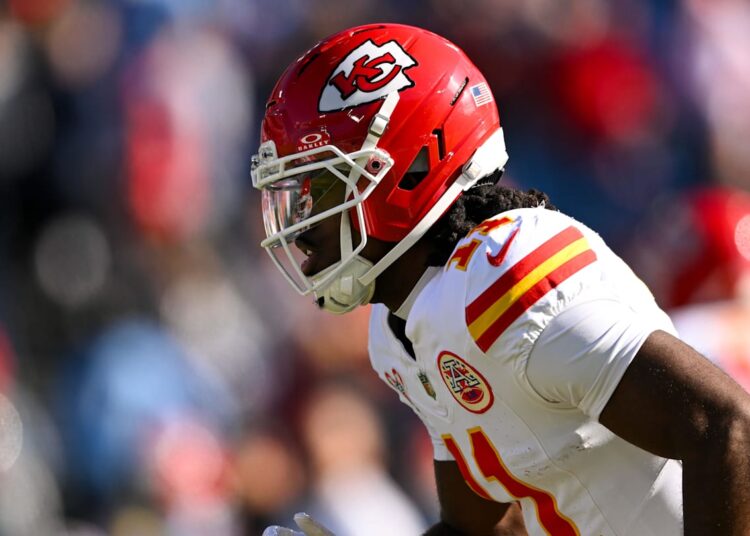 Dec 21, 2025; Nashville, Tennessee, USA; Kansas City Chiefs wide receiver Jalen Royals (11) against the Tennessee Titans during pre-game warmups at Nissan Stadium. Mandatory Credit: Steve Roberts-Imagn Images