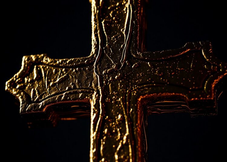 An extreme close-up photograph of a glowing, textured cross made of gold and bronze, using dramatic high-contrast studio lighting to create a sense of sacred, reverent glamour.