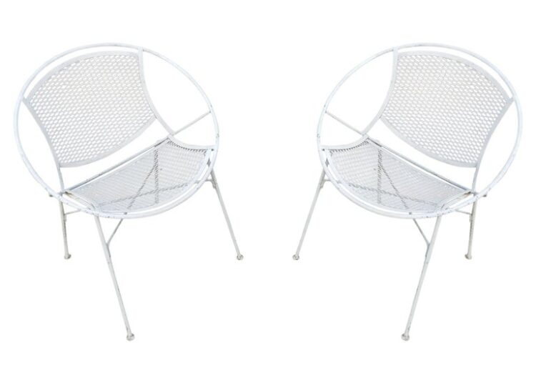 Pair Tempestini - Salterini "radar" White Enamel Iron Chairs 1950s Mid-Century