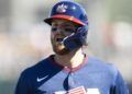 Mar 3, 2026; Scottsdale, AZ, USA; Team USA shortstop Bobby Witt Jr against the San Francisco Giants during a spring training game at Scottsdale Stadium. Mandatory Credit: Mark J. Rebilas-Imagn Images