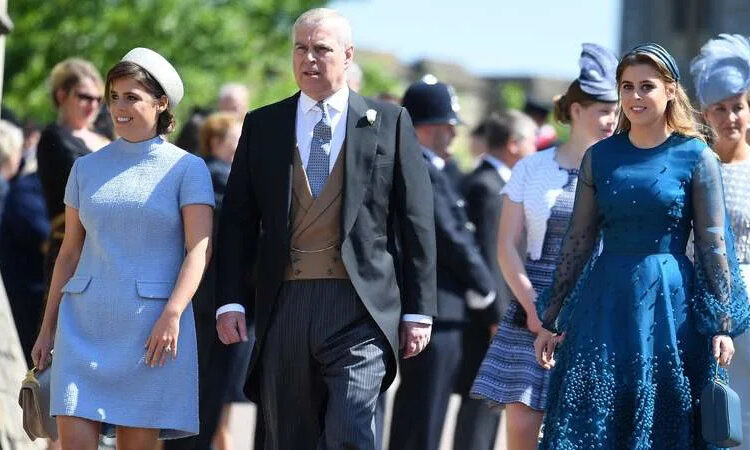 Princess Eugenie, Andrew Mountbatten-Windsor and Princess Beatrice attend the royal wedding of Prince Harry and Meghan Markle at St. George’s Chapel in 2018. By: James Whatling/MEGA