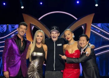 THE MASKED SINGER: L-R: Robin Thicke, Jenny McCarthy Wahlberg, Evan Asher, Rita Ora and Ken Jeong on "Semi-Finals" episode of THE MASKED SINGER airing Wednesday, Mar. 25 (8:00-9 PM ET/PT) on FOX. ©2026 Fox Media LLC. CR: Trae Patton/ FOX.