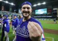 Mar 11, 2026; Houston, TX, United States;  Italy first baseman Vinnie Pasquantino (9) celebrates after defeating Mexico at Daikin Park. Mandatory Credit: Thomas Shea-Imagn Images