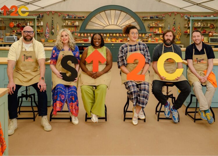 Six of this year's celebrities sat on stools and in the tent in a promotional photo for 'The Great Celebrity Bake Off' 2026.