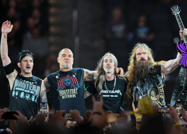 Charlie Benante, Phil Anselmo, Rex Brown and Zakk Wylde of Pantera onstage at the Metallica - M72 World Tour held at SoFi Stadium on August 25, 2023 in Los Angeles, California