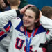 Jack Hughes of the United States celebrates after winning the men's ice hockey gold medal game during the Milano Cortina 2026 Olympic Winter Games at Milano Santagiulia Ice Hockey Arena.