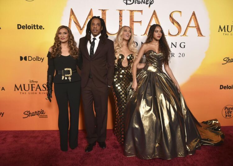 Tina Knowles, Jay-Z, Beyonce, and Blue Ivy Carter at the premiere of "Mufasa: The Lion King" in 2024 in Los Angeles.