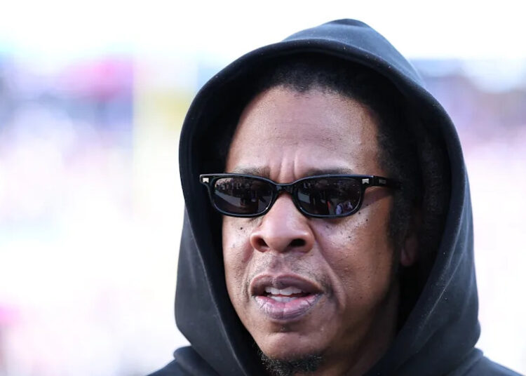 SANTA CLARA, CALIFORNIA - FEBRUARY 08: Jay-Z looks on prior to the start of Super Bowl LX between the Seattle Seahawks and the New England Patriots at Levi's Stadium on February 08, 2026 in Santa Clara, California.
