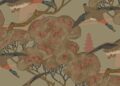 Flying ducks and trees wallpaper print in green and orange