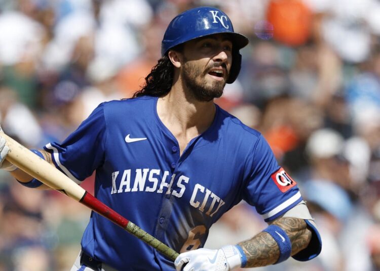 Aug 24, 2025; Detroit, Michigan, USA; Kansas City Royals second baseman Jonathan India (6) hits a double during an at bat in the sixth inning against the Detroit Tigers at Comerica Park. Mandatory Credit: Brian Bradshaw Sevald-Imagn Images