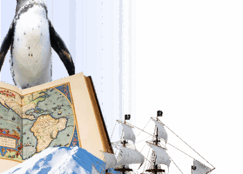 Penguin, ship, mountain, atlas