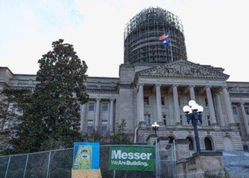 Main entrance of the Kentucky State Capitol building, currently undergoing renovations, on January 9, 2026, in Frankfort, Ky.