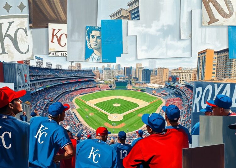 A fractured, multi-perspective painting depicting the Kansas City Royals' baseball stadium and surrounding cityscape broken down into sharp, overlapping geometric planes in vibrant blues, reds, and muted greys, conceptually representing the team's relocation plans.