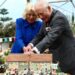 A picture of the King and Queen struggling to cut a cake at the Eden Project. The Queen is wearing a blue dress, the king has a grey suit.