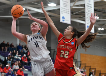 Otterbein’s Kate Mosher defends University of Scranton’s Kaci Kranson during...