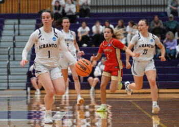 University of Scranton’s Kaeli Romanowski controls the ball during the...