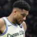 Jan 13, 2026; Milwaukee, Wisconsin, USA; Milwaukee Bucks forward Giannis Antetokounmpo (34) reacts in the second quarter against the Minnesota Timberwolves at Fiserv Forum. Mandatory Credit: Benny Sieu-Imagn Images