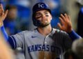 Sep 25, 2025; Anaheim, California, USA; Kansas City Royals second baseman Michael Massey (19) is greeted by teammates after scoring during the fifth inning against the Los Angeles Angels at Angel Stadium. Mandatory Credit: William Liang-Imagn Images