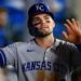 Sep 25, 2025; Anaheim, California, USA; Kansas City Royals second baseman Michael Massey (19) is greeted by teammates after scoring during the fifth inning against the Los Angeles Angels at Angel Stadium. Mandatory Credit: William Liang-Imagn Images