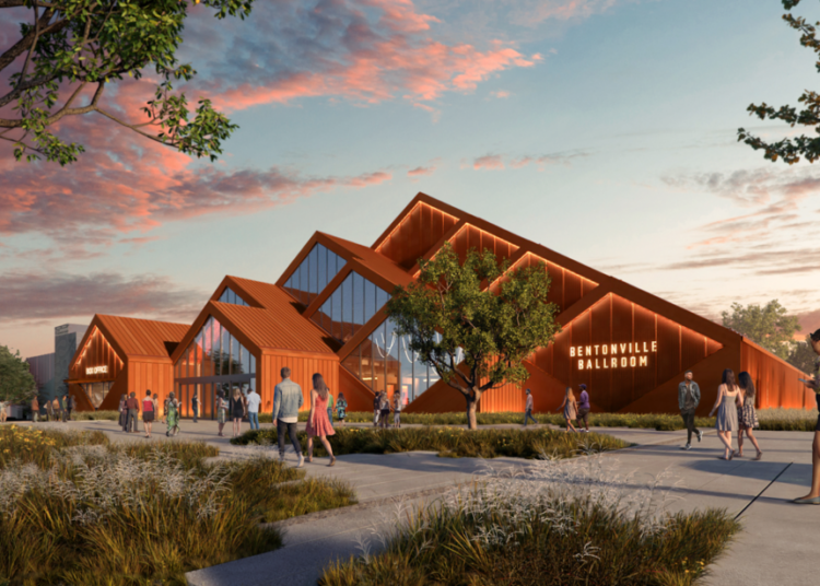 A digital rendering of a modern wooden venue with triangle roofing