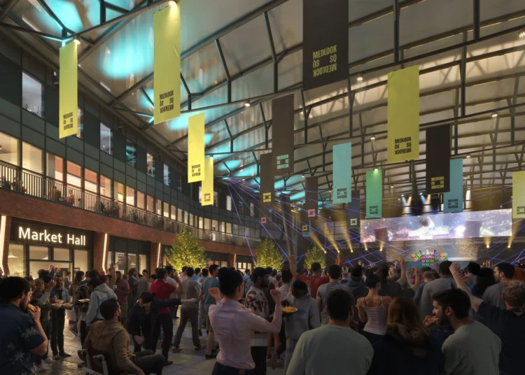 Hundreds of people dancing in the main square of the new venue