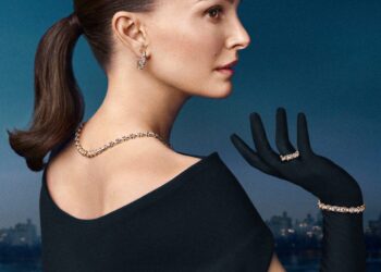 elegant attire and jewelry displayed against a scenic backdrop