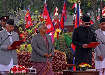 Rastriya Swatantra Party (RSP) leader Balendra Shah (2R) takes oath as prime minister during a swearing-in ceremony in Kathmandu on March 27, 2026.