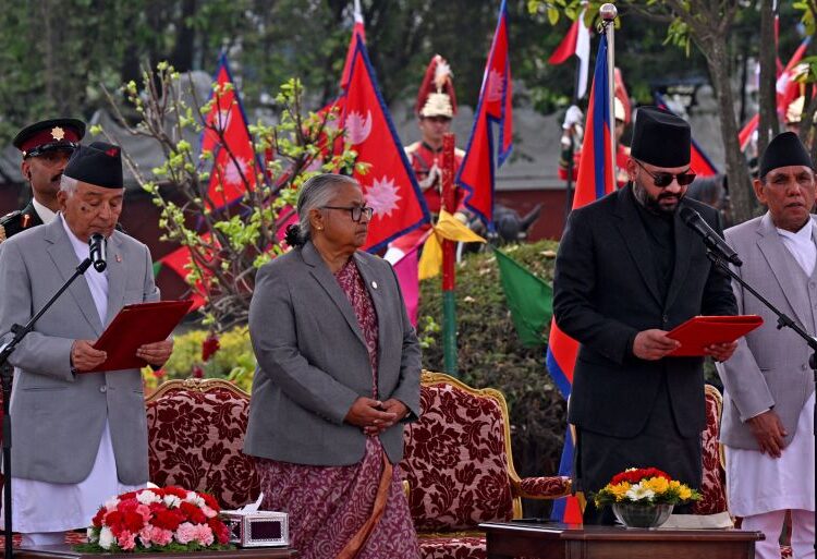 Rastriya Swatantra Party (RSP) leader Balendra Shah (2R) takes oath as prime minister during a swearing-in ceremony in Kathmandu on March 27, 2026.