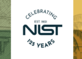 Color blocks with b&w sketches of NIST campuses. White bar in the middle. Reads  NIST Est. 1901 Celebrating 125 Years