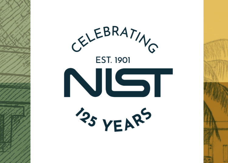 Color blocks with b&w sketches of NIST campuses. White bar in the middle. Reads  NIST Est. 1901 Celebrating 125 Years