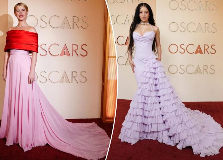 An image collage containing 2 images, Image 1 shows Jessie Buckley in an off-the-shoulder red top and a long pink skirt with a train on the Oscars red carpet, Image 2 shows Chase Infiniti on the Oscars red carpet, wearing a lavender gown with a ruffled train