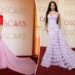 An image collage containing 2 images, Image 1 shows Jessie Buckley in an off-the-shoulder red top and a long pink skirt with a train on the Oscars red carpet, Image 2 shows Chase Infiniti on the Oscars red carpet, wearing a lavender gown with a ruffled train
