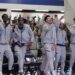 The Queens University of Charlotte men’s basketball team celebrates while viewing the NCAA selection show on CBS on Sunday, March 15, 2026, at Curry Arena. They are a No. 15 seed and will play Purdue.