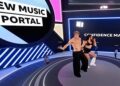 Two photo realistic avatars performing in Radio 1's virtual concert venue while computerised avatars of the audience watch on.