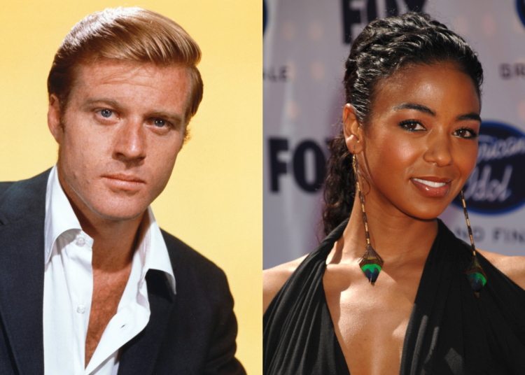 Split image: Left, a man in a suit with blond hair; right, a woman in a black dress with earrings, smiling at an event.