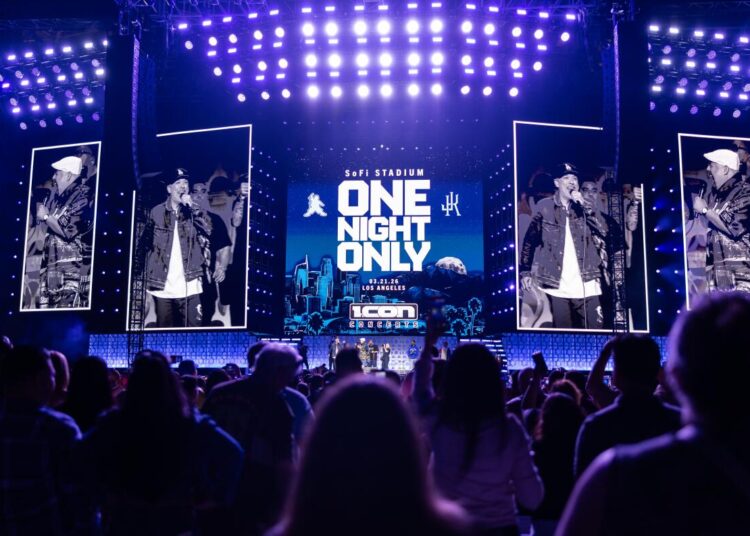Jo Koy and Fluffy onstage at SoFi Stadium in Inglewood