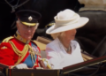 King Charles and Queen Camilla in an Ascot Landau as they leave Trooping the Colour in 2025 as part of a carriage procession.