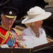 King Charles and Queen Camilla in an Ascot Landau as they leave Trooping the Colour in 2025 as part of a carriage procession.