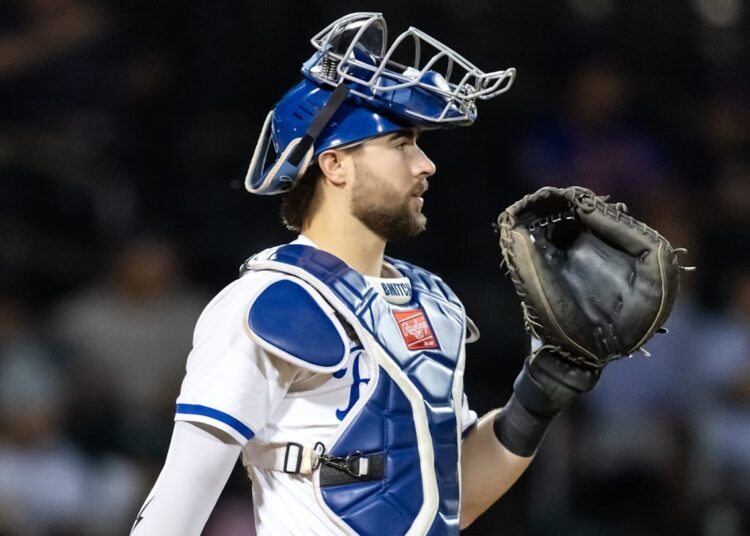 Nov 9, 2025; Mesa, AZ, USA; Kansas City Royals catcher Blake Mitchell (8) during the Arizona Fall League Fall Stars Game at Sloan Park. Mandatory Credit: Mark J. Rebilas-Imagn Images
