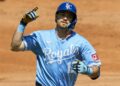 Aug 21, 2025; Kansas City, Missouri, USA; Kansas City Royals left fielder Nick Loftin (12) rounds the bases after hitting a home run during the second inning against the Texas Rangers at Kauffman Stadium. Mandatory Credit: Jay Biggerstaff-Imagn Images