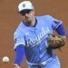 Sep 9, 2025; Cleveland, Ohio, USA; Kansas City Royals second baseman Nick Loftin (12) tosses the ball to first base in the seventh inning against the Cleveland Guardians at Progressive Field. Mandatory Credit: David Richard-Imagn Images