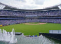 Jun 5, 2021; Kansas City, Missouri, USA; A general view of the stadium from the outfield fountains during the game between the Kansas City Royals and Minnesota Twins at Kauffman Stadium. Mandatory Credit: Denny Medley-Imagn Images