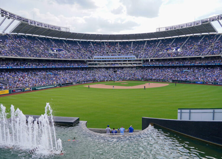 Jun 5, 2021; Kansas City, Missouri, USA; A general view of the stadium from the outfield fountains during the game between the Kansas City Royals and Minnesota Twins at Kauffman Stadium. Mandatory Credit: Denny Medley-Imagn Images