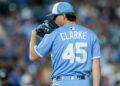 Sep 20, 2025; Kansas City, Missouri, USA; Kansas City Royals pitcher Taylor Clarke (45) on the mound during the eighth inning against the Toronto Blue Jays at Kauffman Stadium. Mandatory Credit: William Purnell-Imagn Images