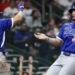 Mar 10, 2026; Houston, TX, United States;  Italy center fielder Jakob Marsee (5) celebrates right fielder Jac Caglianone (14) run against the United States in the sixth inning at Daikin Park. Mandatory Credit: Thomas Shea-Imagn Images