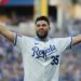 Oct 9, 2024; Kansas City, Missouri, USA; Form Kansas City Royals player Eric Hosmer throws out the cerominal first pitch before the game between the New York Yankees and the Kansas City Royals during game three of the NLDS for the 2024 MLB Playoffs at Kauffman Stadium. Mandatory Credit: Jay Biggerstaff-Imagn Images