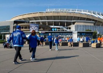 Fans streamed into the stadium before Game 3 of the American League Division Series on Wednesday, Oct. 9, 2024, at Kauffman Stadium in Kansas City.